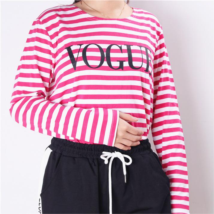 Spring Summer Printed Striped Cotton Long Sleeved T Shirt Women Soft Loose Top Vogue