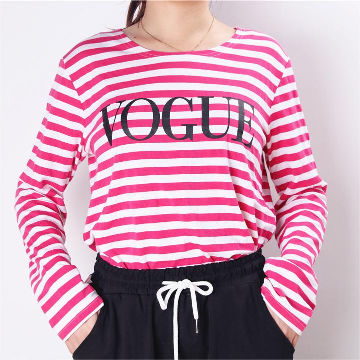 Spring Summer Printed Striped Cotton Long Sleeved T Shirt Women Soft Loose Top Vogue