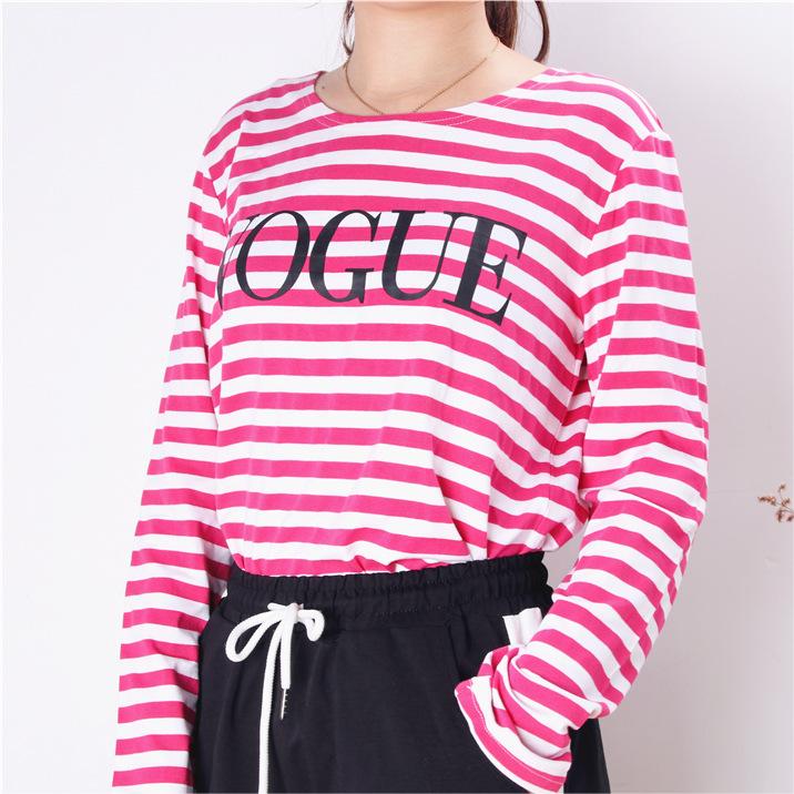 Spring Summer Printed Striped Cotton Long Sleeved T Shirt Women Soft Loose Top Vogue