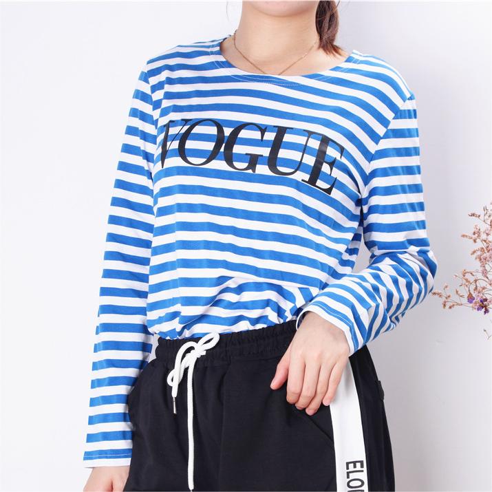 Spring Summer Printed Striped Cotton Long Sleeved T Shirt Women Soft Loose Top Vogue