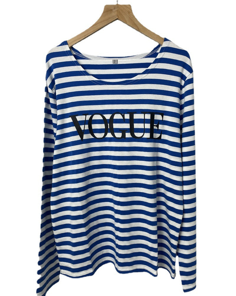 Spring Summer Printed Striped Cotton Long Sleeved T Shirt Women Soft Loose Top Vogue