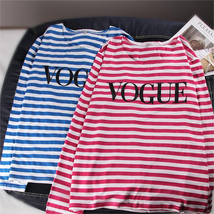 Spring Summer Printed Striped Cotton Long Sleeved T Shirt Women Soft Loose Top Vogue