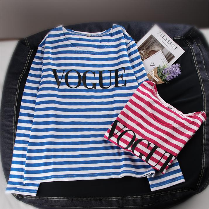 Spring Summer Printed Striped Cotton Long Sleeved T Shirt Women Soft Loose Top Vogue