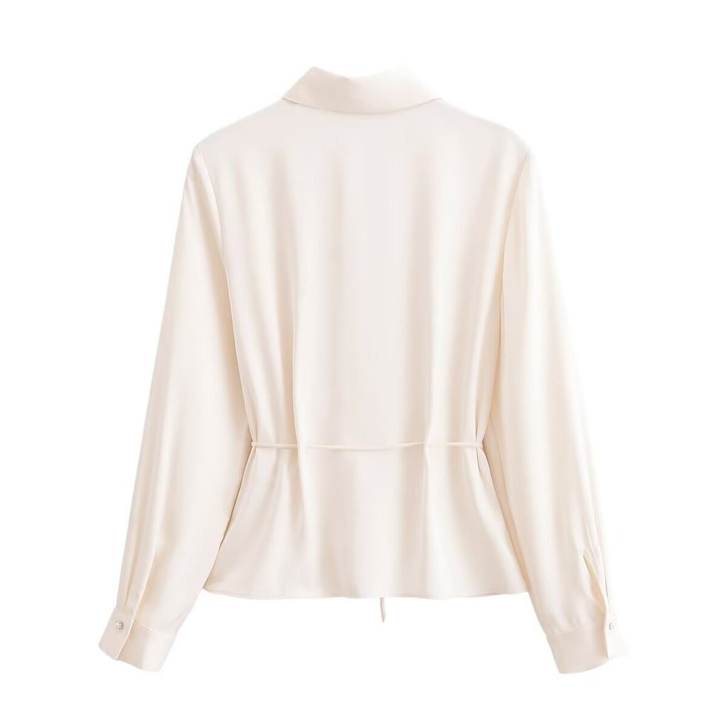 Women Clothing French Slim Slimming V Neckline Long Sleeve All Match Casual Shirt