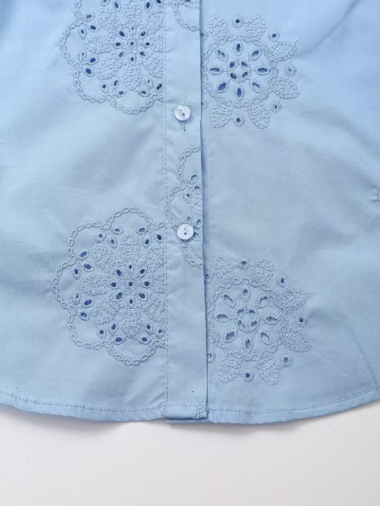 Summer Women Collared Adhesive Floral Embroidery Decorative Poplin Long Sleeve Shirt Women