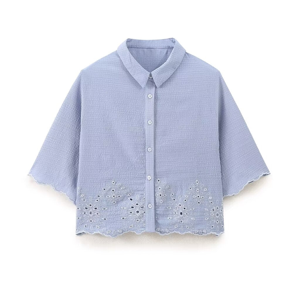 Summer Women Clothing Simple Hollow Out Cutout out Embroidery Short Shirt