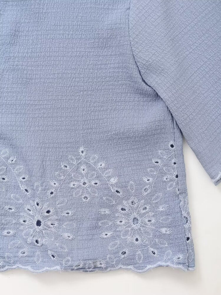 Summer Women Clothing Simple Hollow Out Cutout out Embroidery Short Shirt