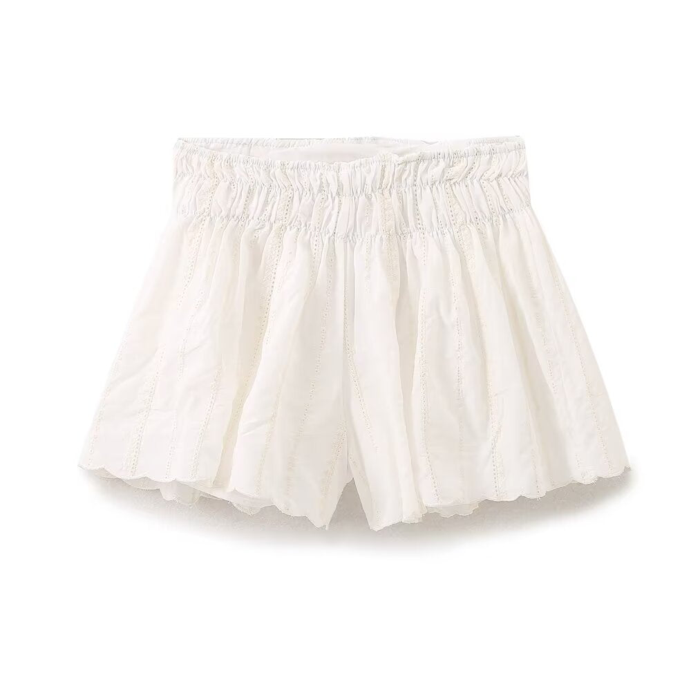 Summer Fashionable Elegant Elastic Waist Contrast Color Embroidered White Shorts Sets for Women