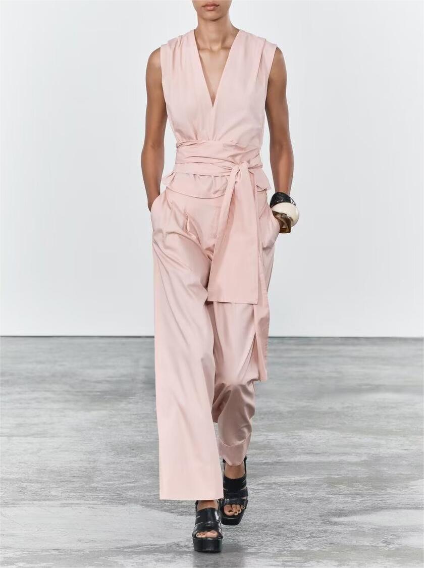 Women Poplin Design V neck Top High Waist Straight Wide Leg Pants Sets