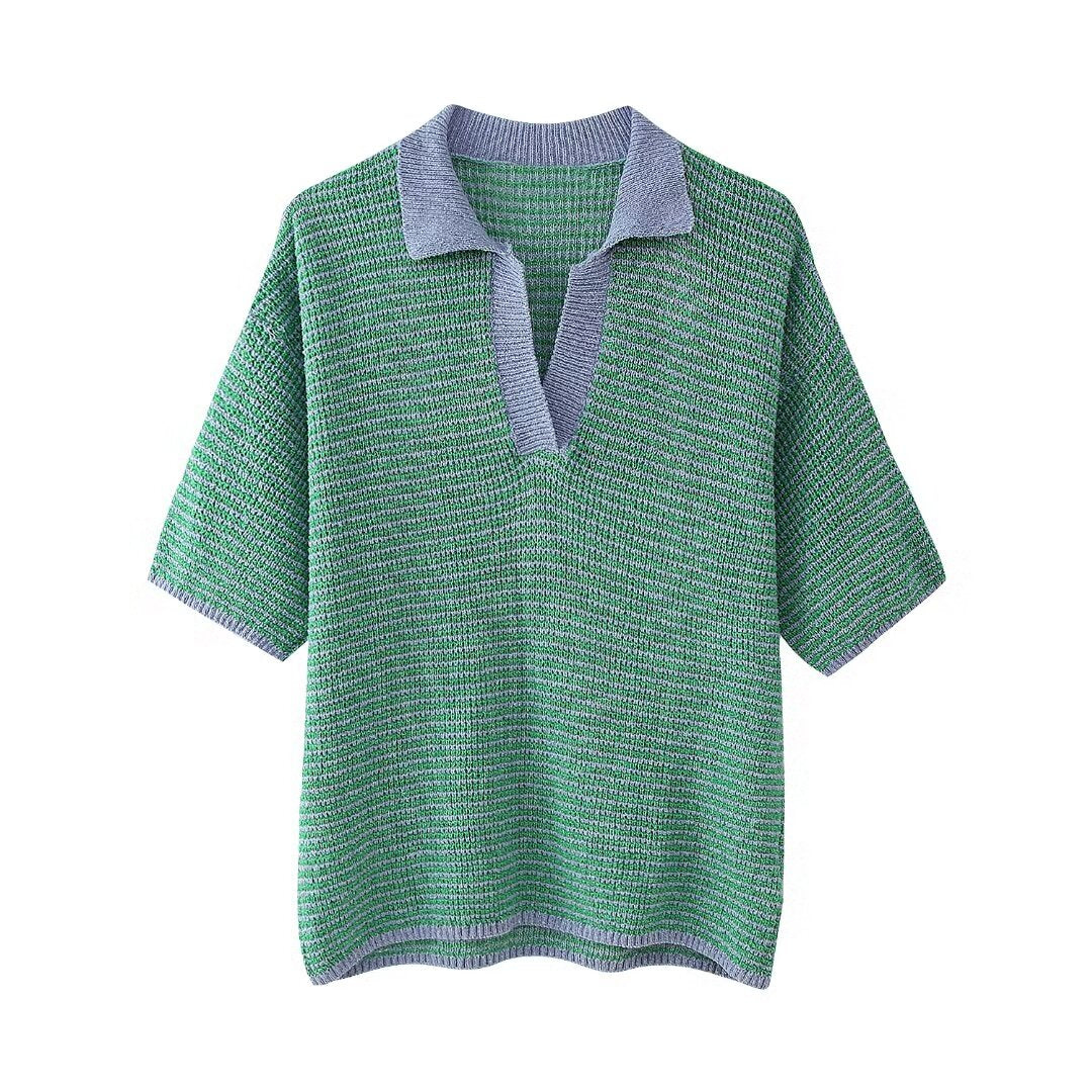 Summer Women Knitted Polo Shirt Collar Top Shorts Suit