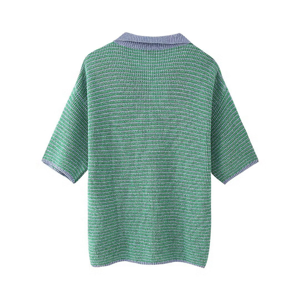 Summer Women Knitted Polo Shirt Collar Top Shorts Suit