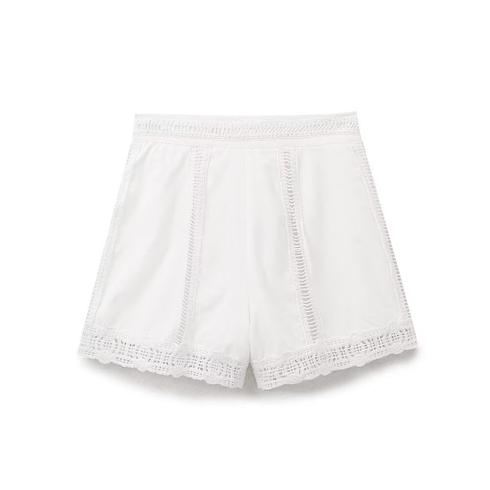 Summer Women Casual Hollow Out Cutout Embroidered Shirt Shorts Sets