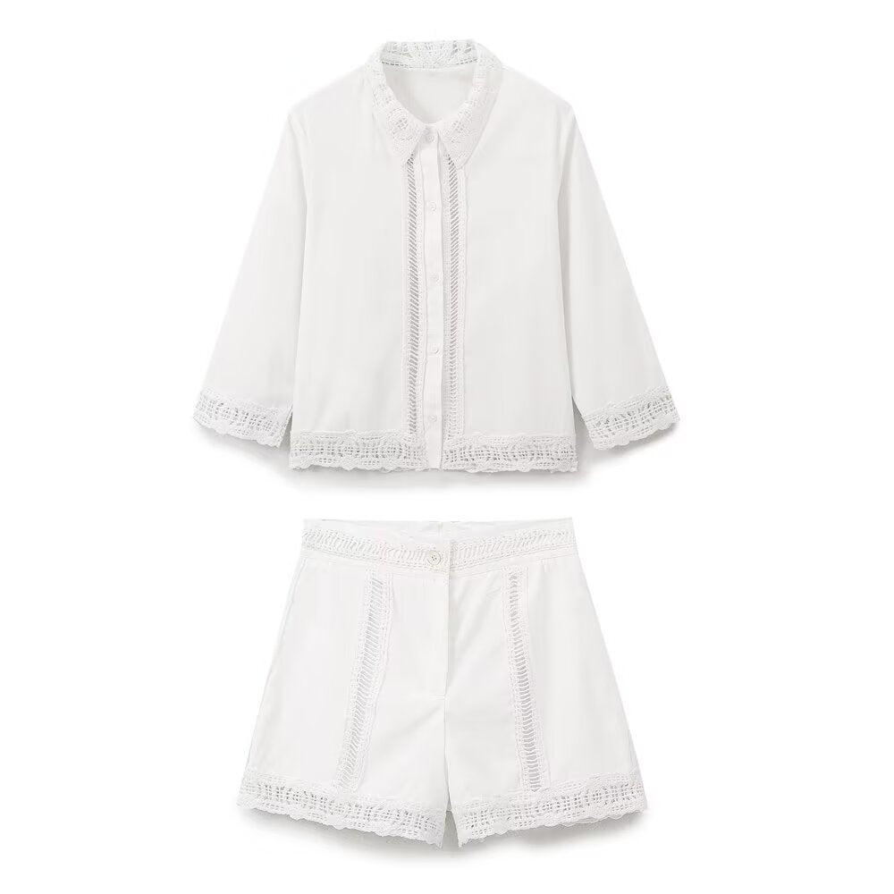 Summer Women Casual Hollow Out Cutout Embroidered Shirt Shorts Sets