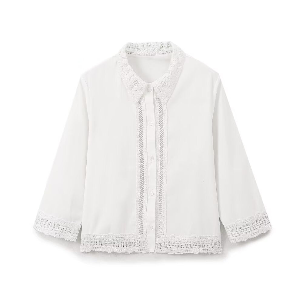 Summer Women Casual Hollow Out Cutout Embroidered Shirt Shorts Sets