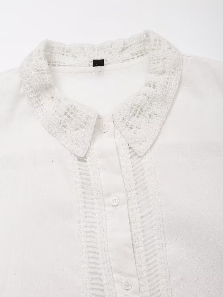 Summer Women Casual Hollow Out Cutout Embroidered Shirt Shorts Sets