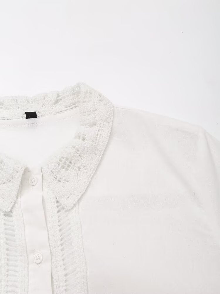 Summer Women Casual Hollow Out Cutout Embroidered Shirt Shorts Sets