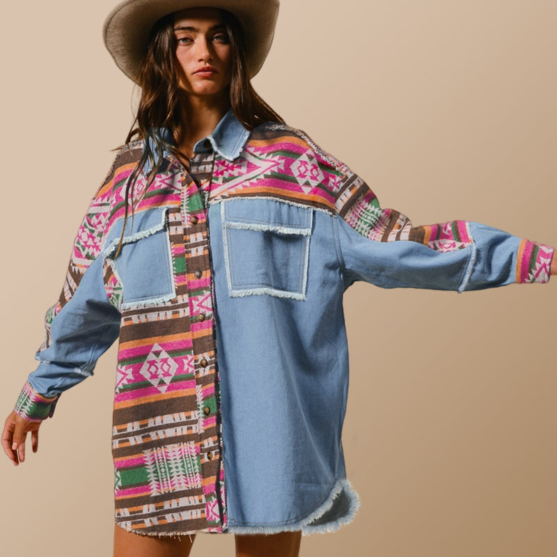 Autumn Winter Best Women Clothes Aztec Patchwork Denim Jacket Washed Frayed Hem Jacket