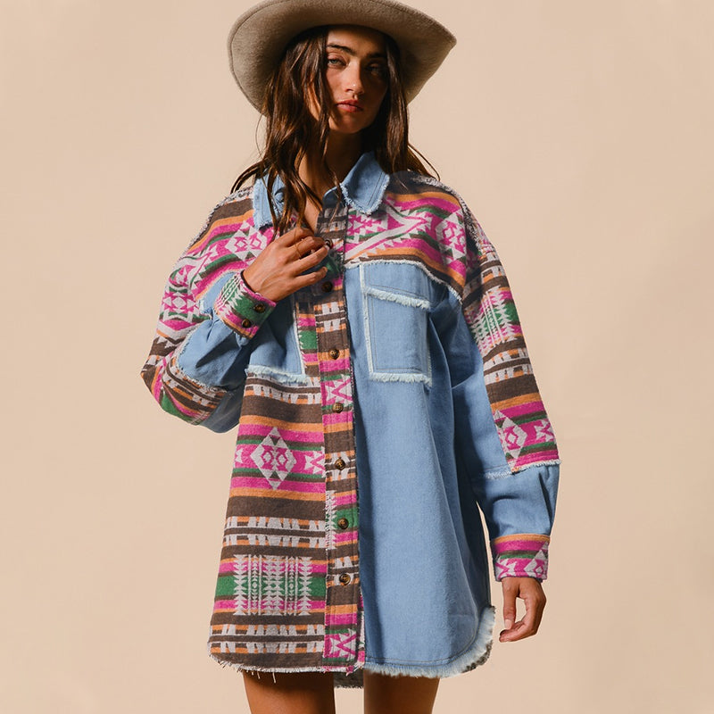 Autumn Winter Best Women Clothes Aztec Patchwork Denim Jacket Washed Frayed Hem Jacket