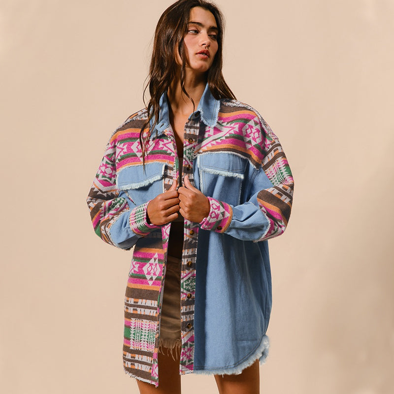Autumn Winter Best Women Clothes Aztec Patchwork Denim Jacket Washed Frayed Hem Jacket