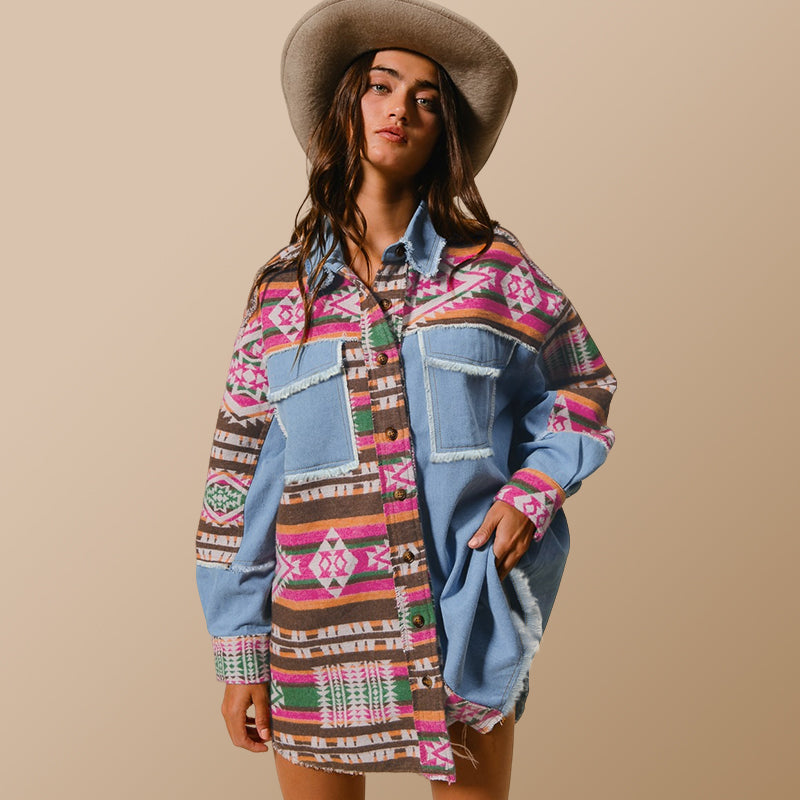 Autumn Winter Best Women Clothes Aztec Patchwork Denim Jacket Washed Frayed Hem Jacket