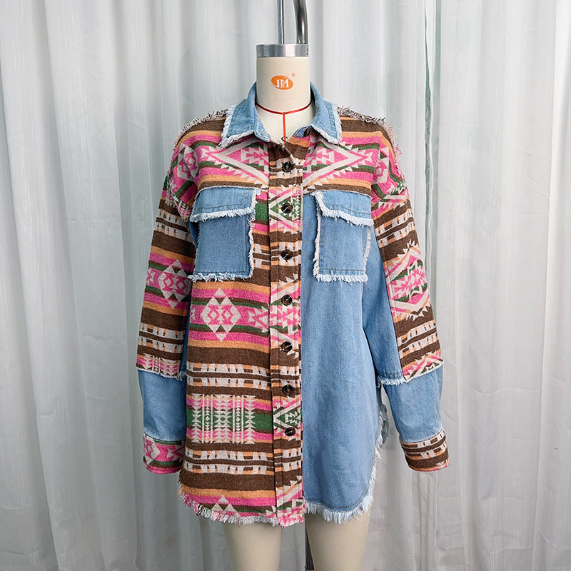 Autumn Winter Best Women Clothes Aztec Patchwork Denim Jacket Washed Frayed Hem Jacket