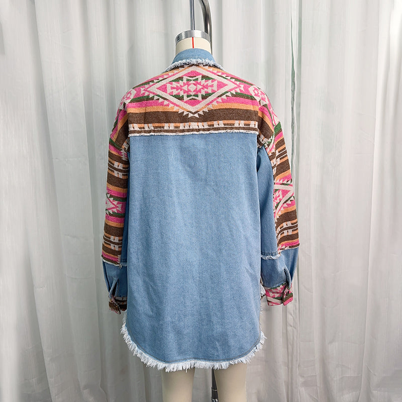 Autumn Winter Best Women Clothes Aztec Patchwork Denim Jacket Washed Frayed Hem Jacket