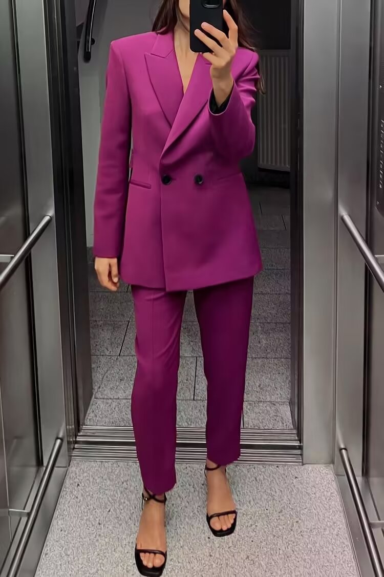 Women Back Waistband Blazer Thread Decoration Pants Sets