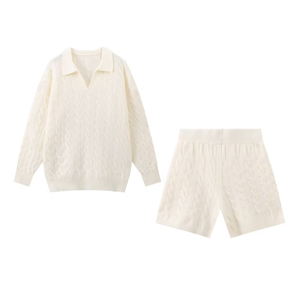 Early Autumn White Loose Lazy Round Neck Sweatshirt High Waist Wide Leg Shorts Sets