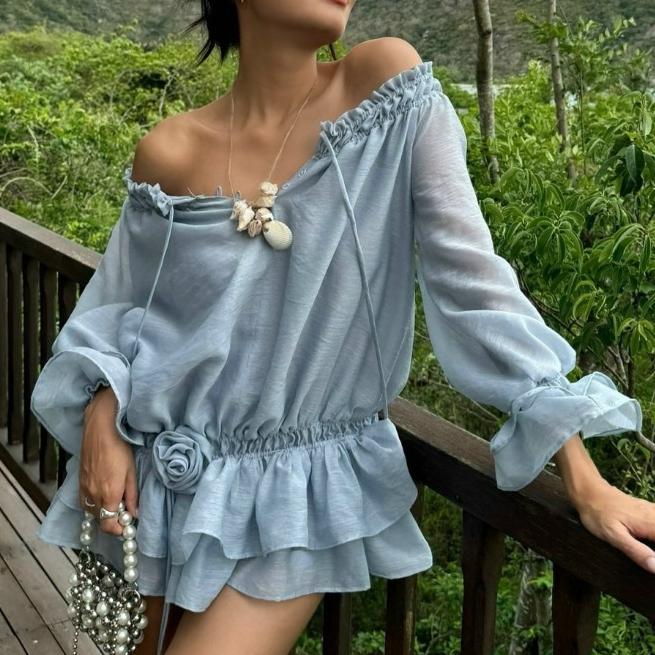Autumn Sexy Sexy Off Neck Ruffled Chiffon Slim Fit Waist Controlled Long Sleeves Dress