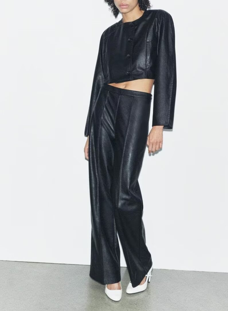 Autumn Women Faux Leather Short Coat Straight Leg Pants Sets