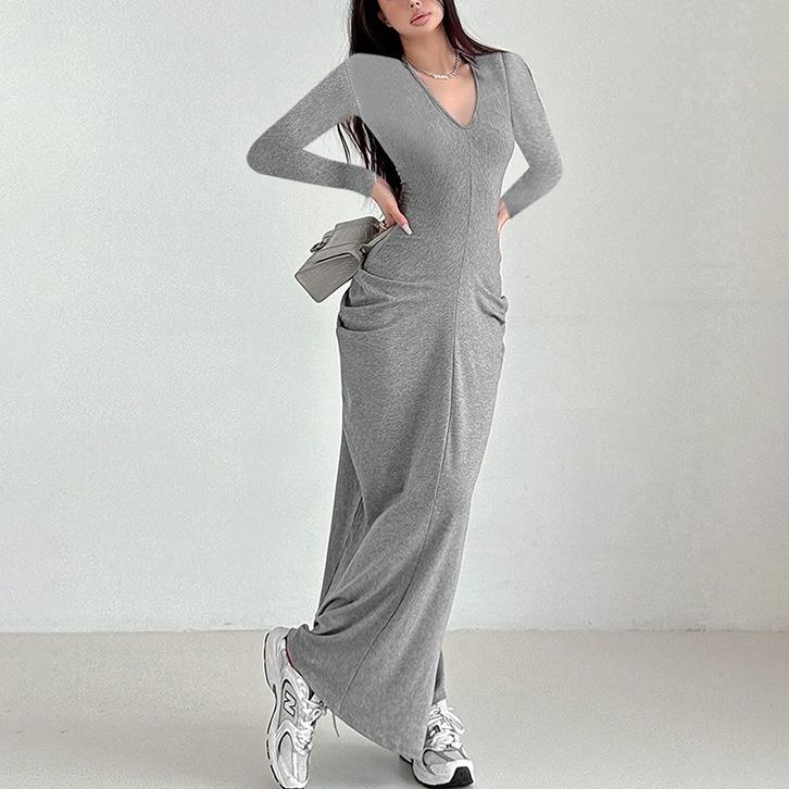 Sexy Long Sleeve V neck Adult Lady like Woman Pleated Waist Tight Slimming Dress
