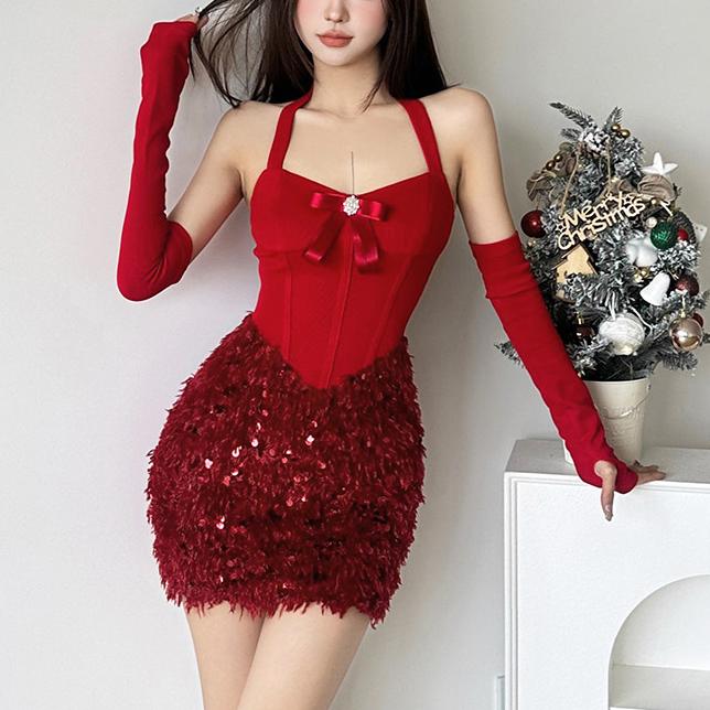 Autumn Winter Sexy Backless Halter Bow Solid Color Sequ Hip Christmas Clothes Women