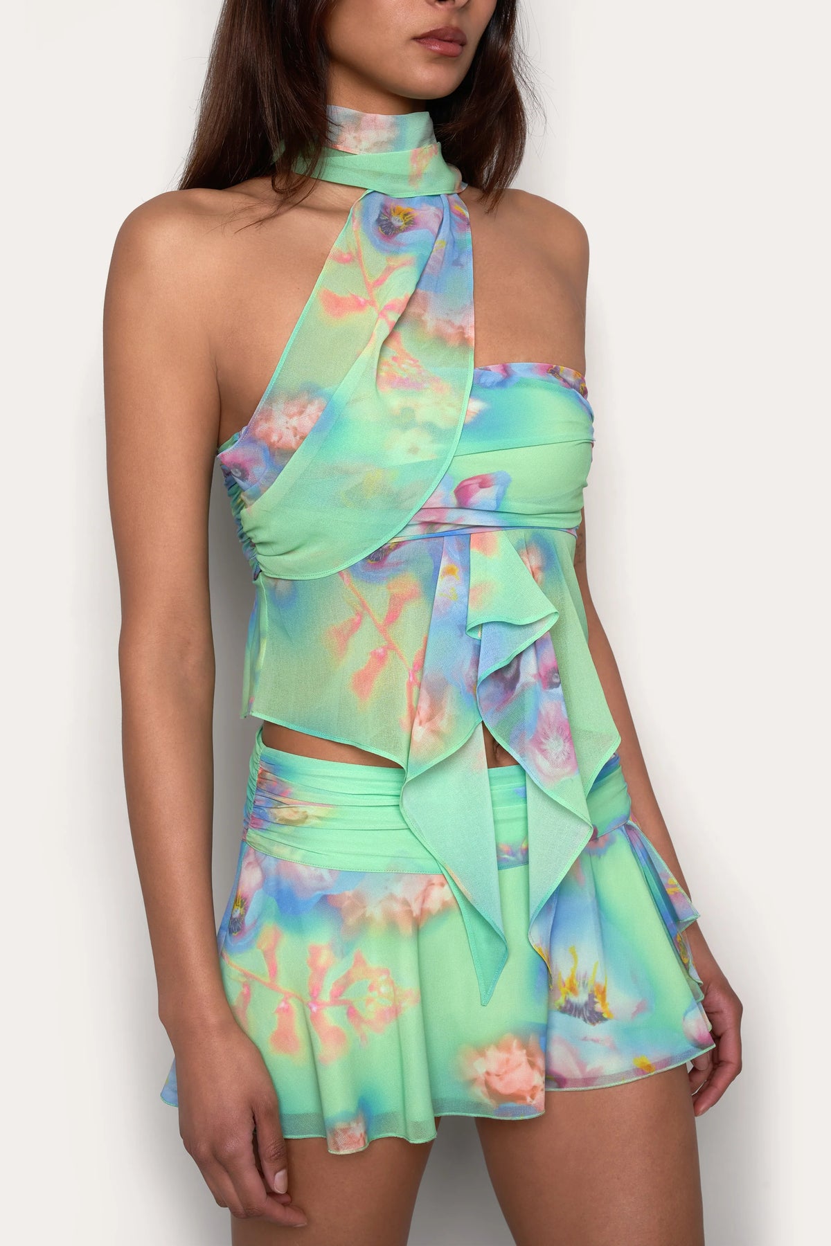 Women Clothing Dreamy Green Irregular Asymmetric Halter Off the Shoulder Camisole Top Skirt