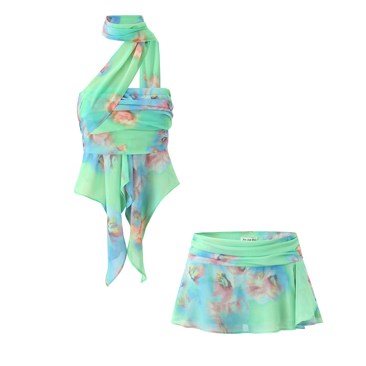 Women Clothing Dreamy Green Irregular Asymmetric Halter Off the Shoulder Camisole Top Skirt