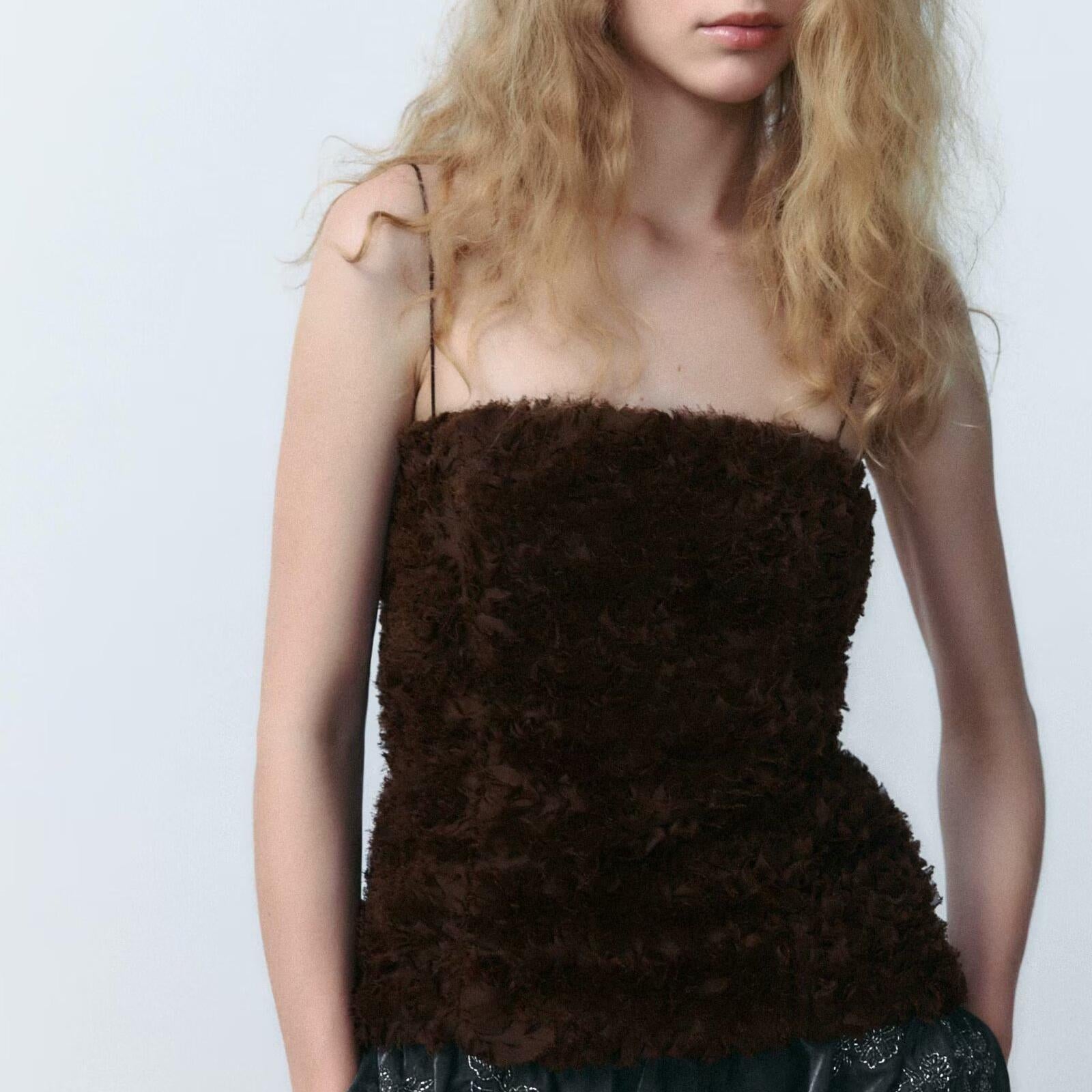 Women Clothing Autumn Winter Street Fluffy Mesh Sling Top