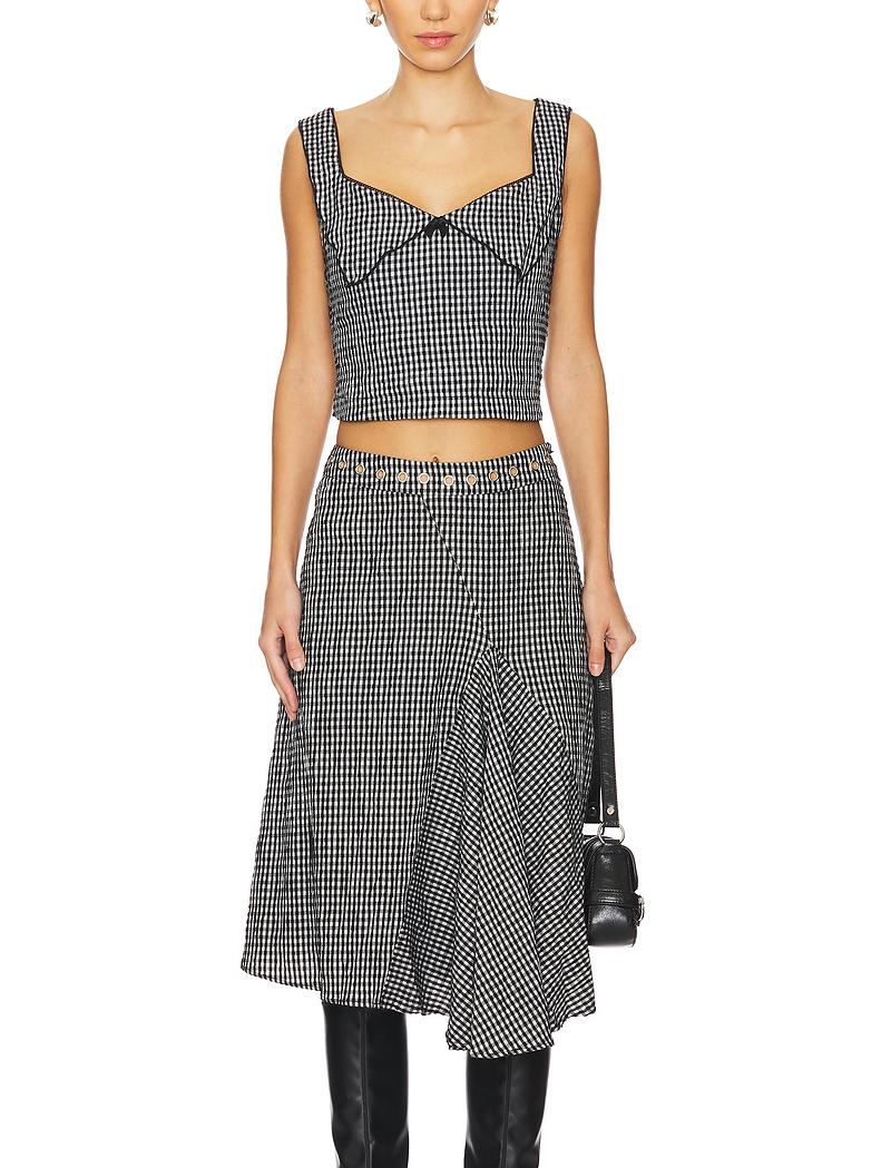 Sexy V neck Flanging Sleeveless Short Vest High Waist Irregular Asymmetric Mid Length Skirt Plaid