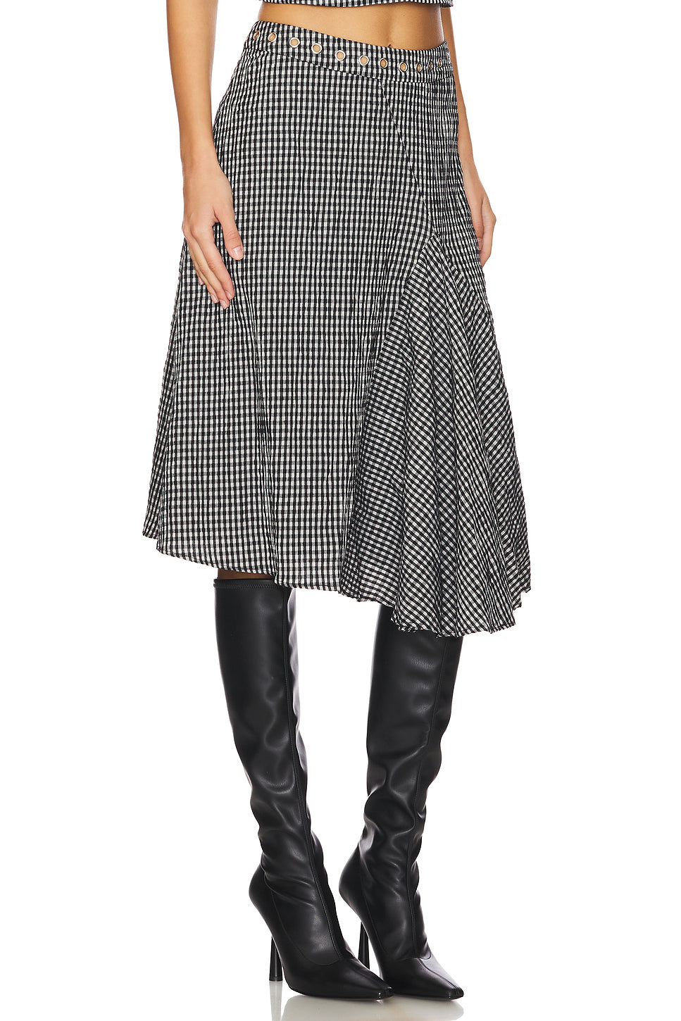 Sexy V neck Flanging Sleeveless Short Vest High Waist Irregular Asymmetric Mid Length Skirt Plaid