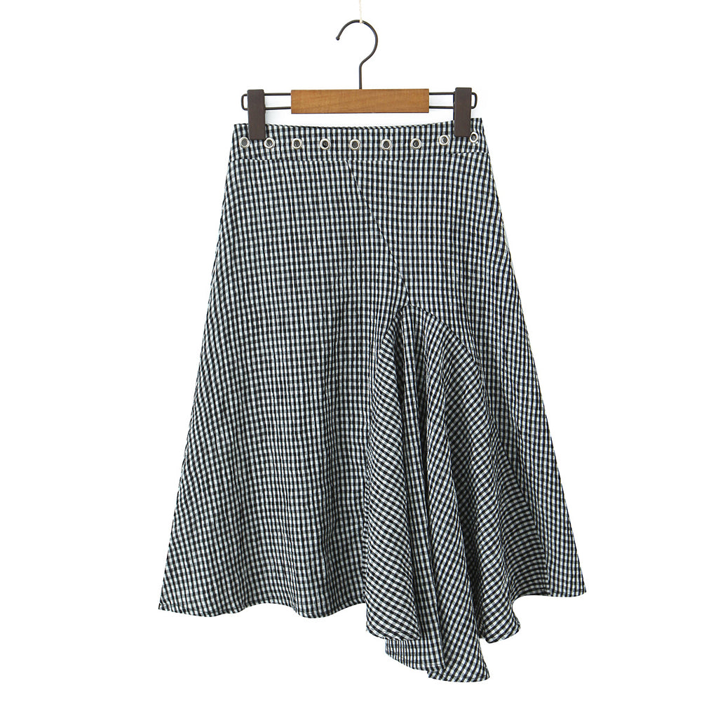 Sexy V neck Flanging Sleeveless Short Vest High Waist Irregular Asymmetric Mid Length Skirt Plaid