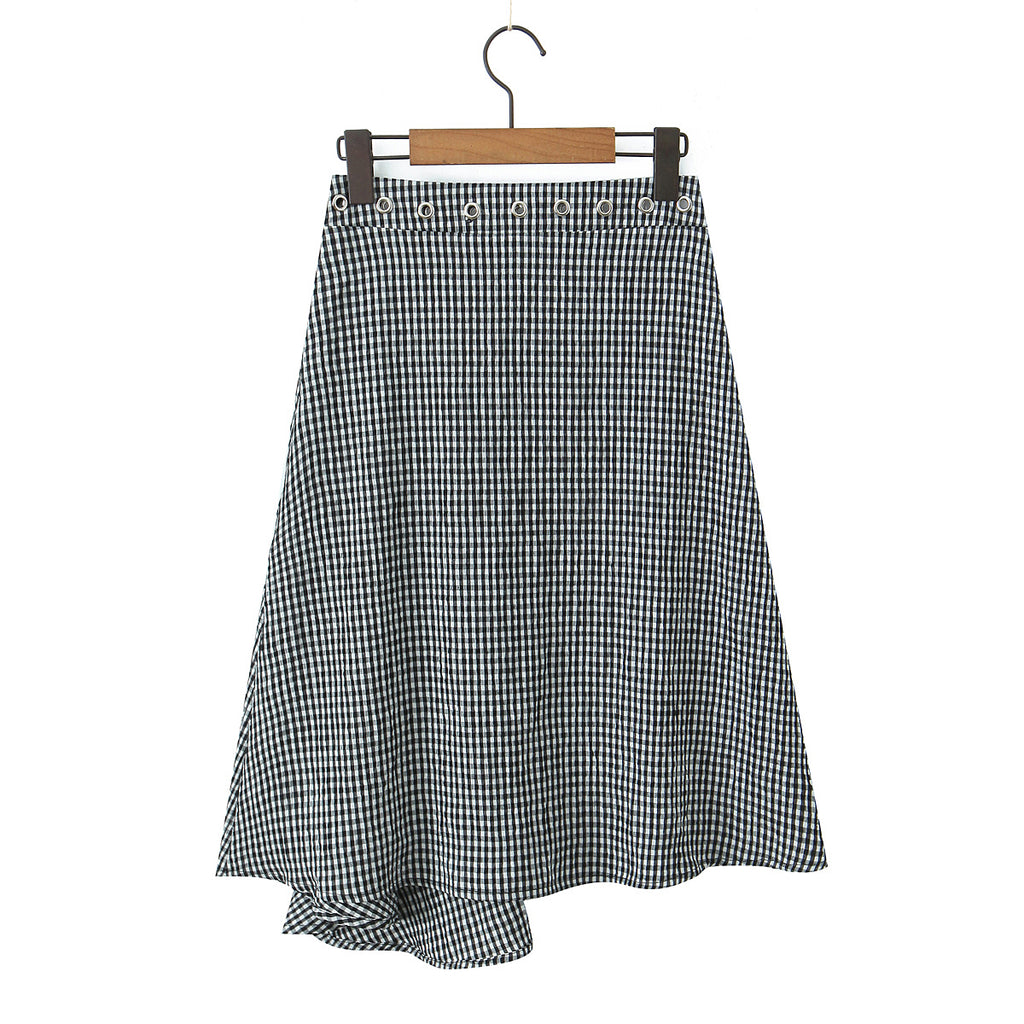 Sexy V neck Flanging Sleeveless Short Vest High Waist Irregular Asymmetric Mid Length Skirt Plaid