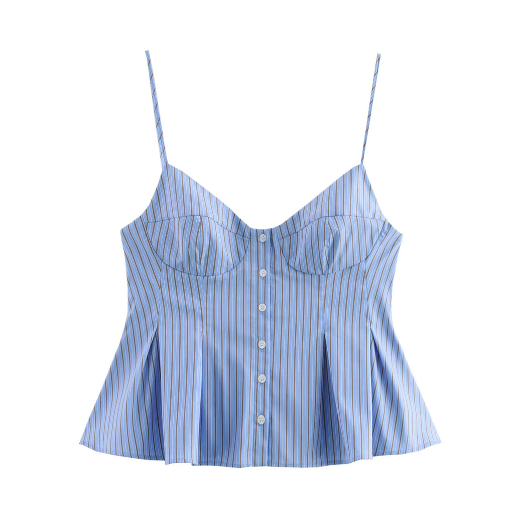 Summer French Sweet Spicy Small Pleated Poplin Striped Spaghetti Straps Top