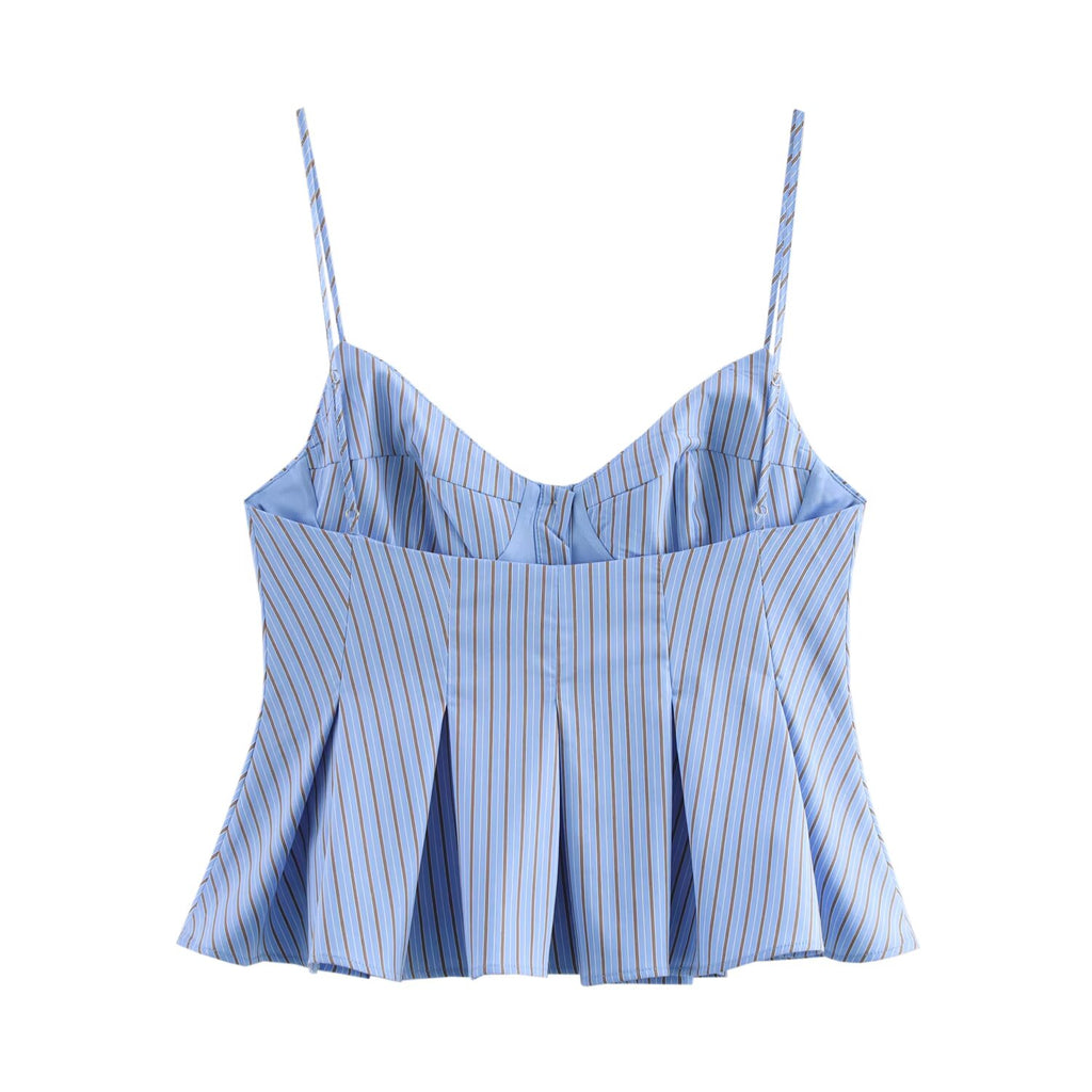 Summer French Sweet Spicy Small Pleated Poplin Striped Spaghetti Straps Top