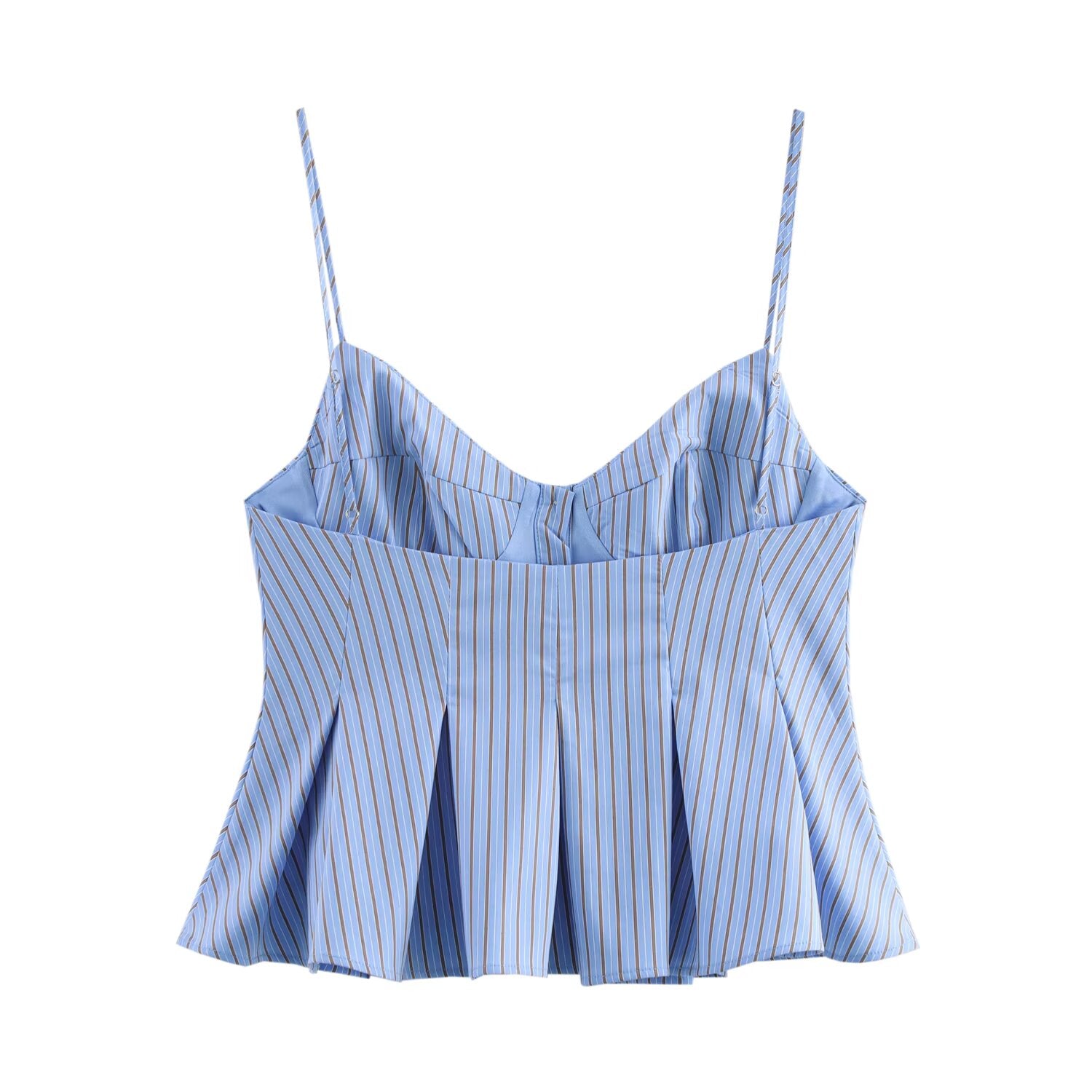 Summer French Sweet Spicy Small Pleated Poplin Striped Spaghetti Straps Top