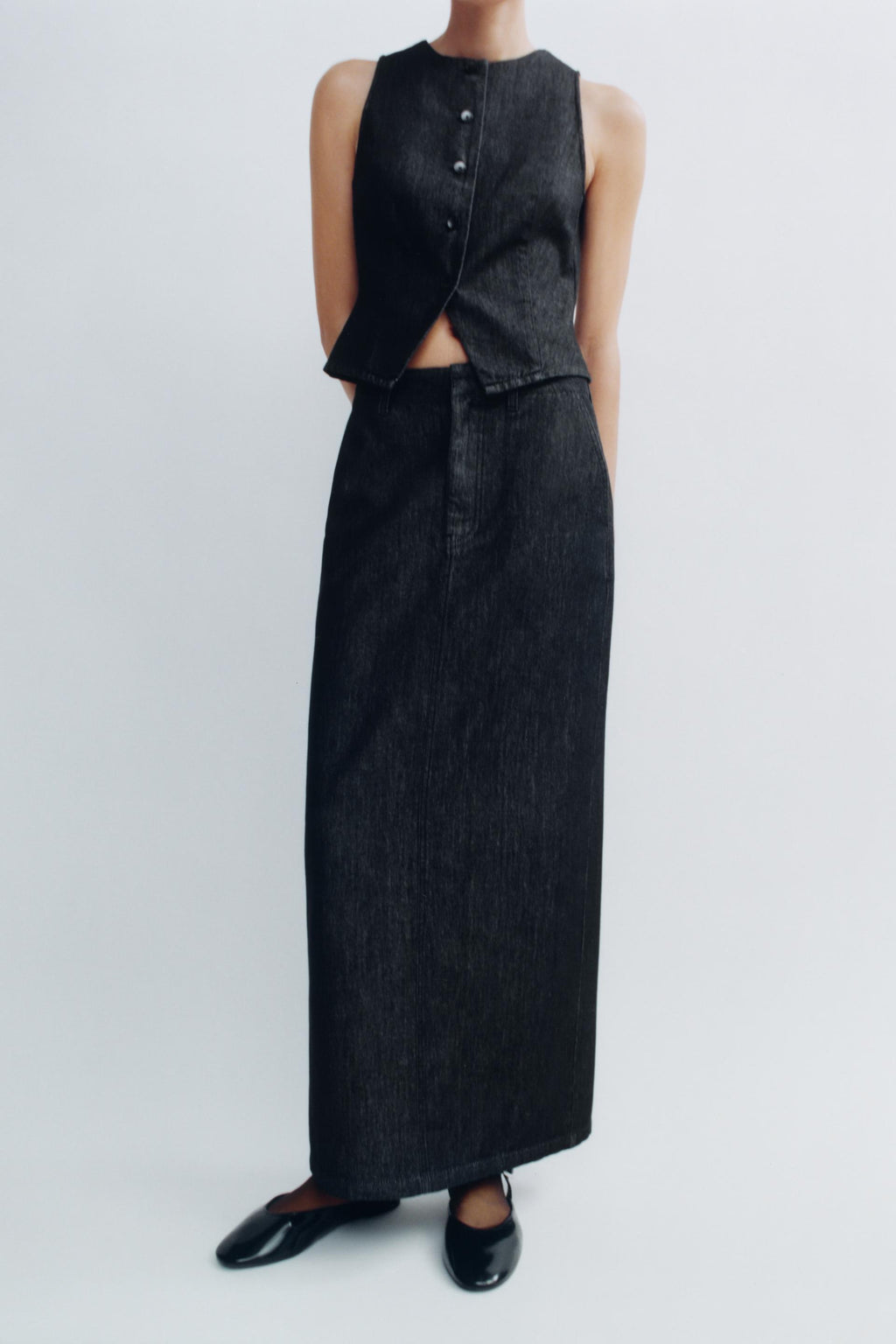 Vest Skirt Denim Sets Women Spring Sexy Retro Crew Neck Cardigan Vest High Waist Back Slit Dress