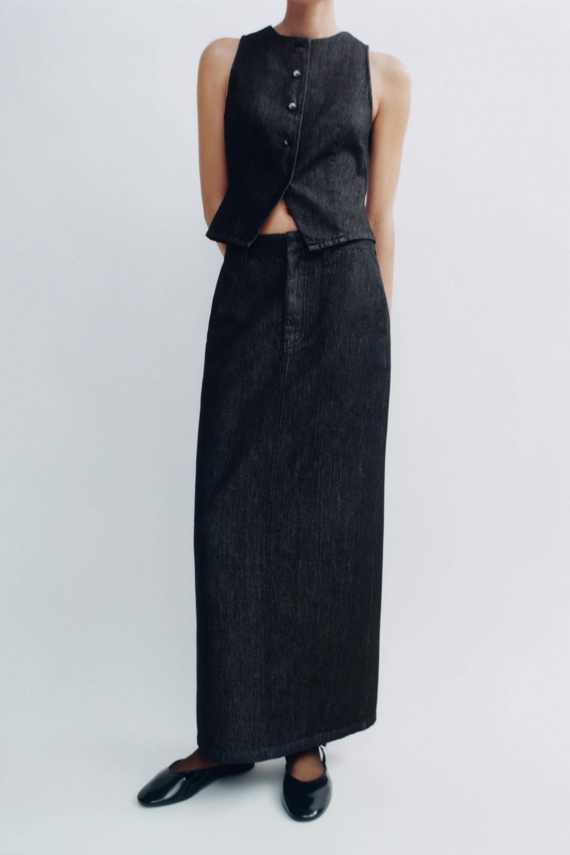 Vest Skirt Denim Sets Women Spring Sexy Retro Crew Neck Cardigan Vest High Waist Back Slit Dress
