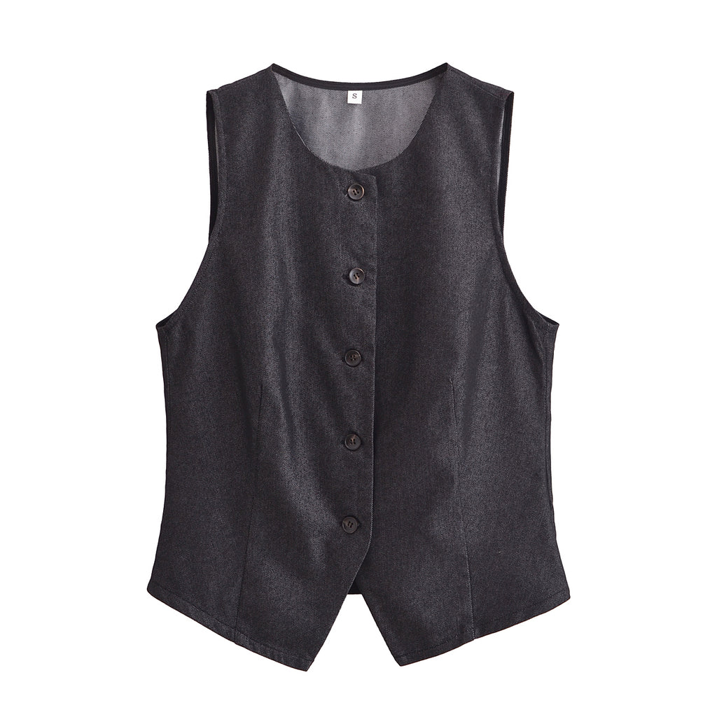 Vest Skirt Denim Sets Women Spring Sexy Retro Crew Neck Cardigan Vest High Waist Back Slit Dress
