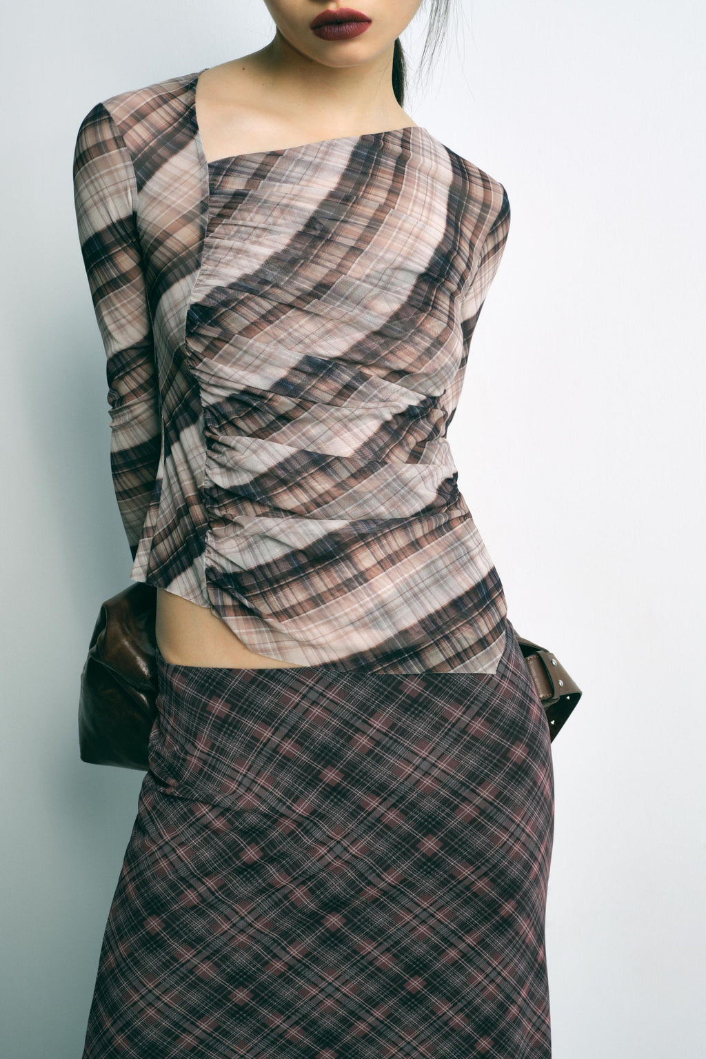 Plaid Silk Net Diagonal Collar Long Sleeved T shirt Mid Length Set Women Sexy Slim Fit Top