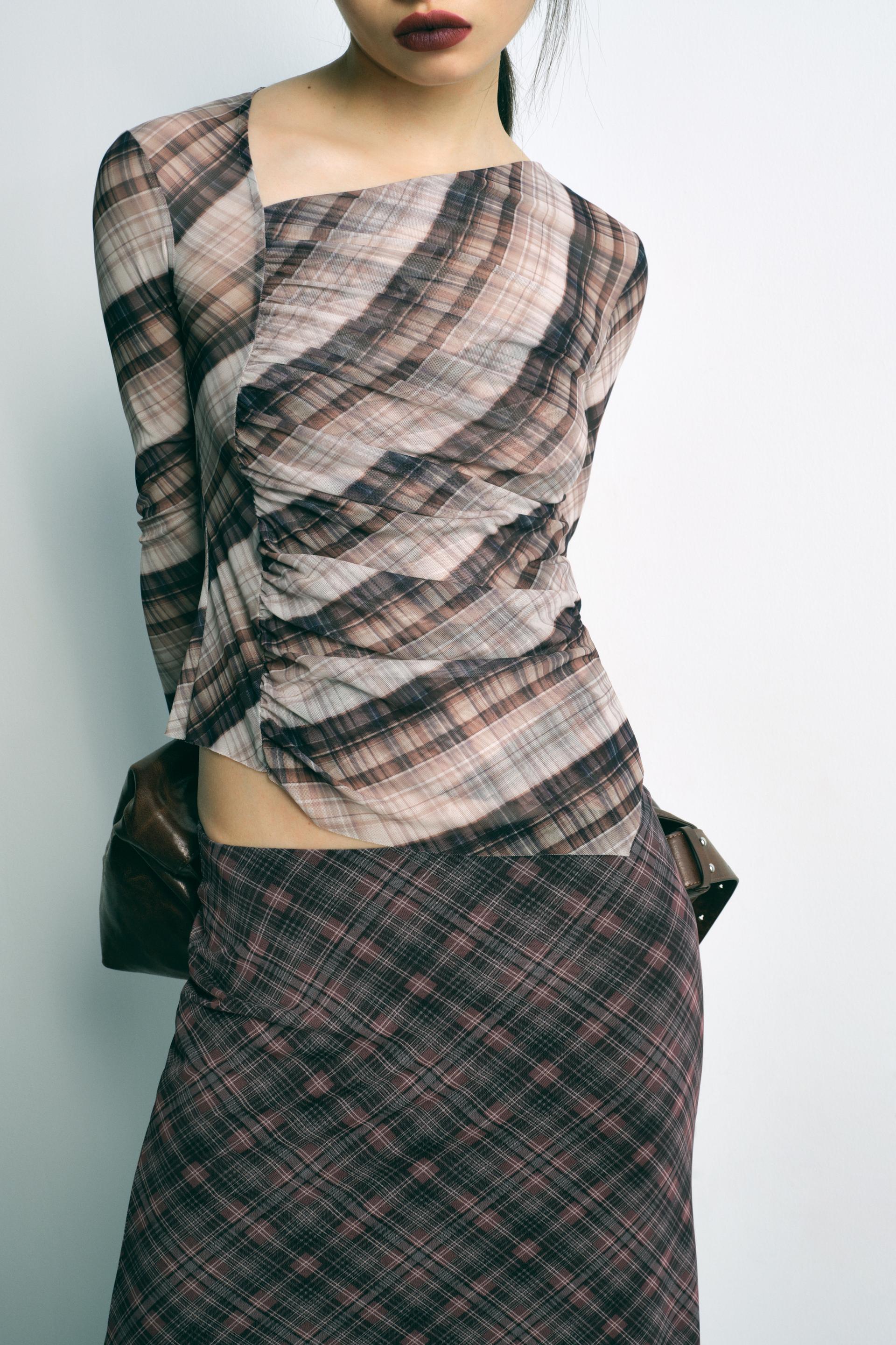 Plaid Silk Net Diagonal Collar Long Sleeved T shirt Mid Length Set Women Sexy Slim Fit Top