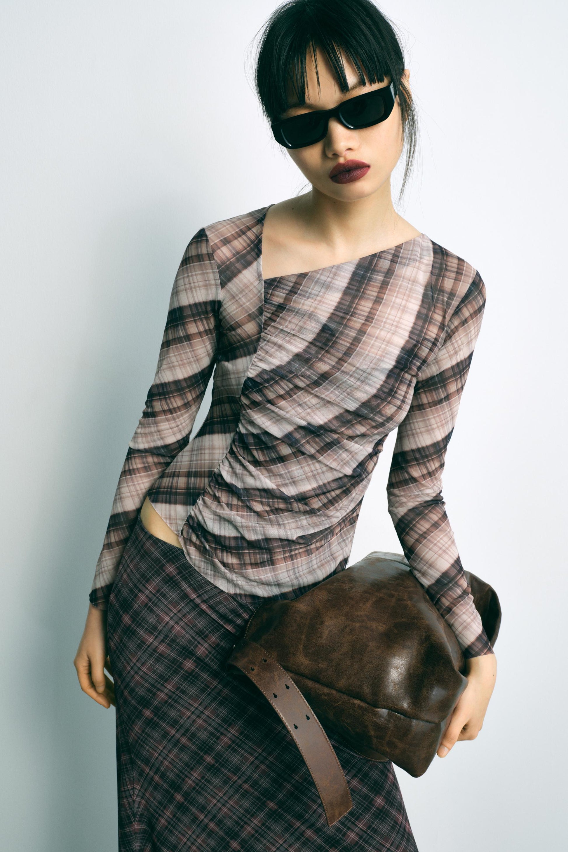 Plaid Silk Net Diagonal Collar Long Sleeved T shirt Mid Length Set Women Sexy Slim Fit Top