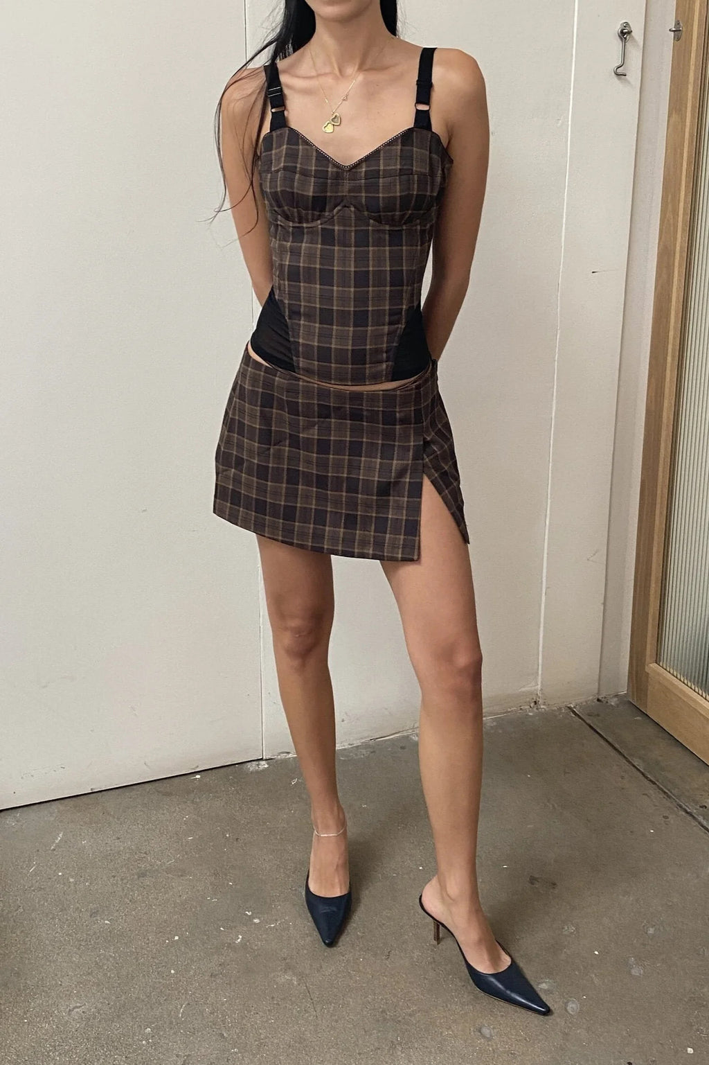 Spring Two Piece Sets Minority Sling Top Skirt Grid Slim