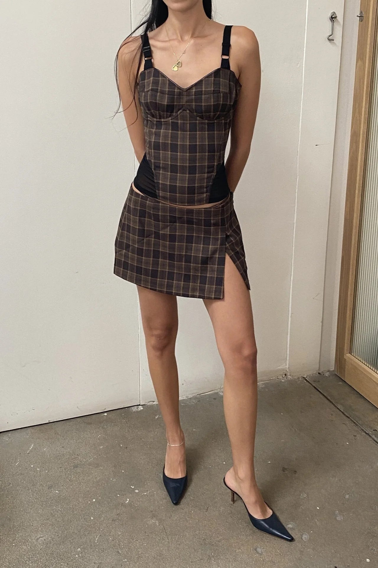 Spring Two Piece Sets Minority Sling Top Skirt Grid Slim